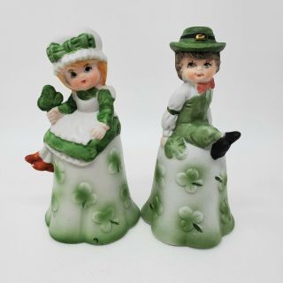 Set Of 2 Porcelain Bells Irish Lad & Maid Girl Shamrocks Clovers Lego St Patrick