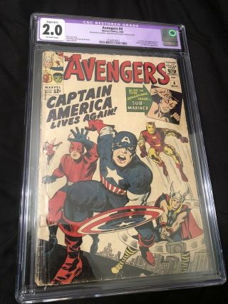 Avengers 4 Marvel 1964 Cgc (2.  0) Restored.  1st Captain America Silver Age App