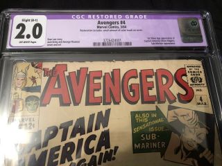 Avengers 4 Marvel 1964 CGC (2.  0) RESTORED.  1st Captain America Silver Age App 2