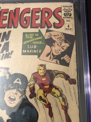 Avengers 4 Marvel 1964 CGC (2.  0) RESTORED.  1st Captain America Silver Age App 6