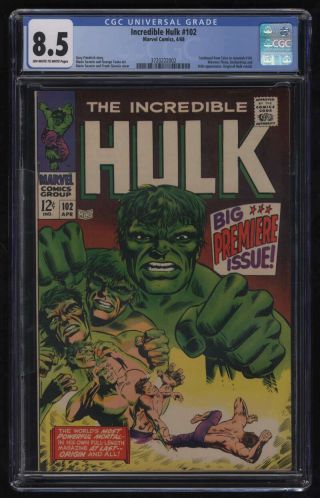 Incredible Hulk 102 Cgc 8.  5 Ow/w Pgs 1st Issue Origin Premiere Marvel Marvel