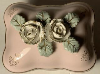 Vintage Bond Ware L&m Pink Trinket Box With Ceramic Roses With Leaves On Top