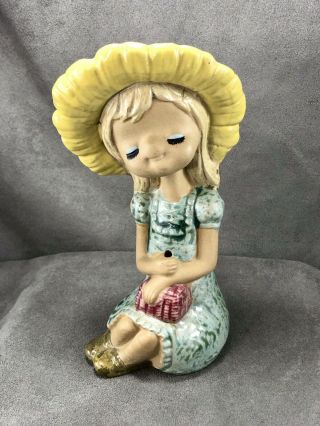 Vintage Clay Glazed Pottery Girl W/ Closed Eyes Straw Hat Flower Holder Japan