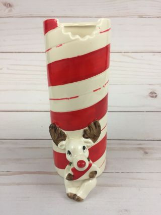 1977 Fitz & Floyd Rudolph The Red Nosed Reindeer Match Candy Cane Holder Vase