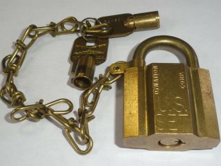 U.  S.  Set Brass Padlock W/chain & 2 Keys – Lock Measures 2 3/8” X 1 3/8 "