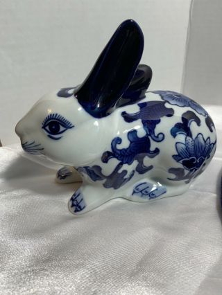 Cobalt Blue & White Floral Bunny Rabbit Ceramic Figurine 6.  25 " X 5.  75 " So Cute