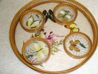 Vintage Set Wooden Glass Serving Tray And Coasters Butterflies