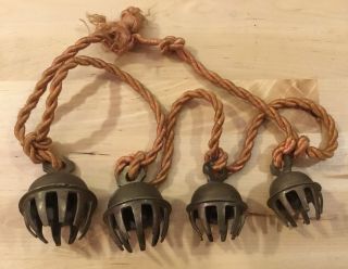 Set Of 4 Vintage Brass Elephant Claw Bells On Rope