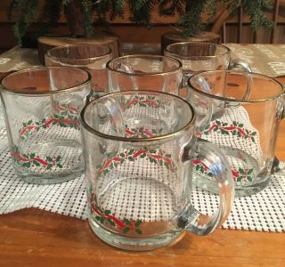 Arby’s Holly Berry Clear Glass Coffee Tea Cocoa Mugs Cups Gold Rim Set Of 6