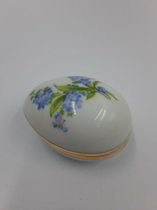 Limoges Porcelain Hand Painted Egg Shaped Trinket Box w/ Gold Rim - Blue Floral 3
