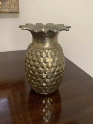 Vintage Solid Brass Gold Metal Vase Pineapple Fruit Patterned 5.  5 " Euc