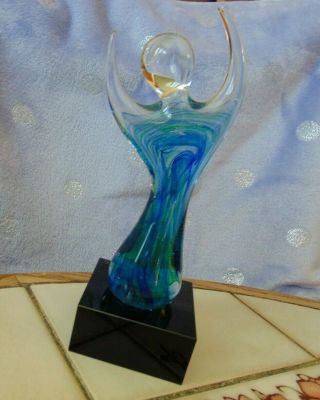 Modern Art Glass Statue On Weighted Base Person Champion Figurine Clear / Blue