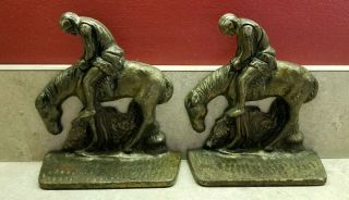 Pair Vintage End Of The Trail ? Antique Cast Iron Metal Horse Bookends Book Ends