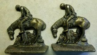 Pair Vintage END OF THE TRAIL ? Antique Cast Iron Metal Horse Bookends Book Ends 2