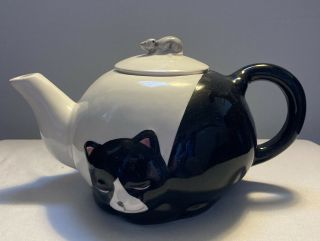Vintage Black & White Kitty Cat Teapot W/mouse On Lid Home Decor Kitten
