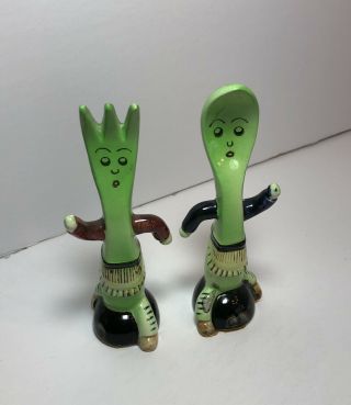 Vintage Anthropomorphic Green Fork And Spoon People Salt & Pepper Shakers