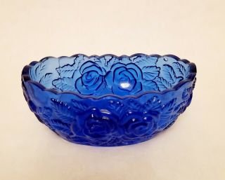 Vintage Cobalt Blue Glass Oval Candy Dish Roses 5 " Hard To Find
