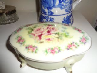 Vintage " Royal Crown " Hand Painted Footed Porcelain Trinket Box From Japan