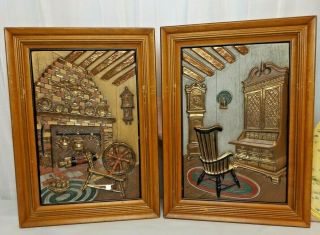 2 Vintage Hand Colored Turner Accessory Early American Scene Wall Hangings 3d