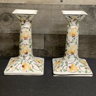 Pair Set Of 2 Vintage Ceramic Floral Hand Painted Candle Stick Holders 6 "