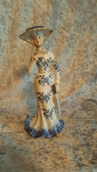 Vintage Kpm Blue & White Porcelain Victorian Lady Figurine W/umbrella & Lge Hat