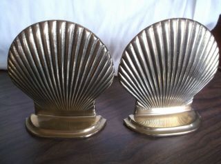 Two Vintage Solid Brass Bookends,  Seashell Clam Shell Nautical Beach Decor