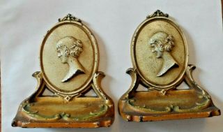 Vintage Cast Iron Bookends Victorian Lady Head Bust Painted Marked