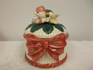 Vintage 1992 Fitz & Floyd Christmas Bow Holiday Ceramic Candy Bowl Dish With Lid