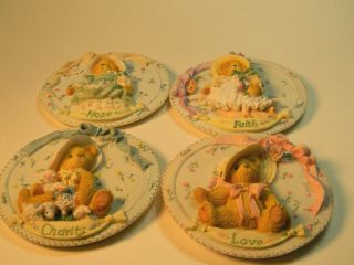 Cherished Teddies Set Of Four 3.  5” Wall Plaques “love” “faith” “hope” “charity”