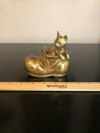 Vintage Solid Brass Cat In A Shoe Decor Figurine Paperweight - Approx.  4 X 4 1/2