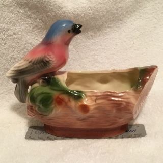 Blue Bird On A Log Ceramic Planter Vintage