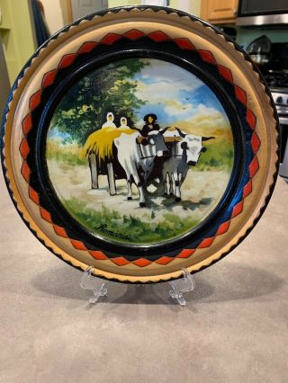 Vintage Hand Painted Wood Carved Plate Romania Photo Bull Outdoor Wall Hanging