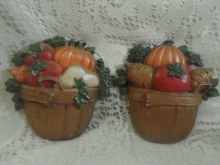 2 Vintage Hand - Painted Sexton Cast Iron Metal Fall Vegetable Basket Wall Plaques