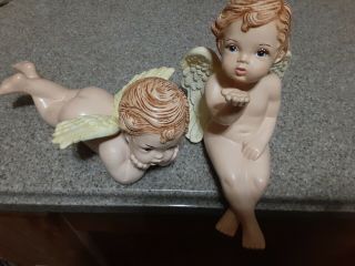 2 Vintage Porcelain Bisque Angel Cherub Figurines,  Gold Wings 3 " T
