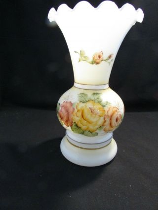 Vintage Hand Painted White Glass Red Roses Gold Rim Glass Vase Ruffled Edge Top