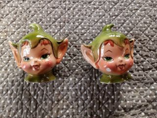 Set Of Anthropomorphic Green Pixie Elf Salt And Pepper Shakers Japan Foil Labels