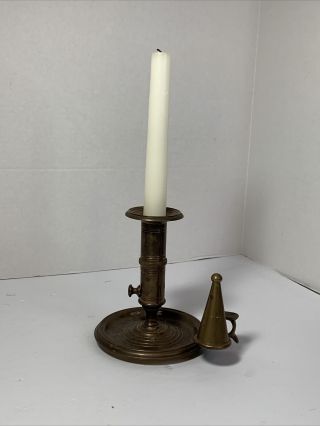 Antique Brass Push - Up Ejector Candle Holder With Snuffer And Finger Loop