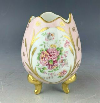 Antique Barat Limoges Porcelain Gold Legs Hand Painted Pink Floral Cracked Egg