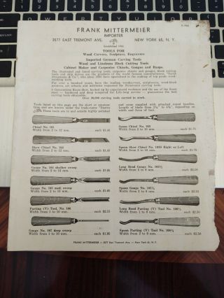 Vintage Frank Mittermeier Carving Tool Price Listing - 1961