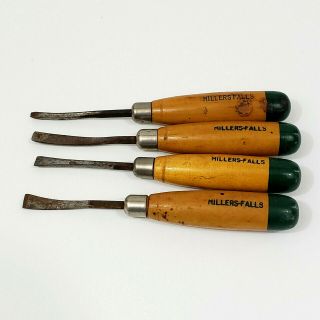 Vintage Set Millers Falls Wood Carving Chisel Tools With Green Handles