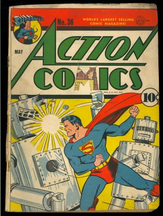 Action Comics 36 Classic Robot Cover Golden Age Superman Dc 1941 Fr - Gd