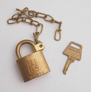Vintage American Lock Company U.  S.  A.  SET U.  S.  Brass Padlock with Key Military 3