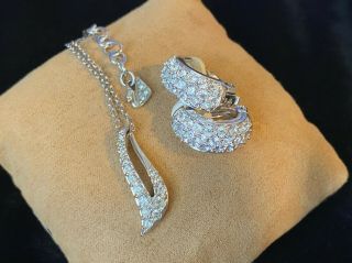 Swarovski Swan Signed Pave Set Rhinestone Swoop Pendant & Clip Earrings Set