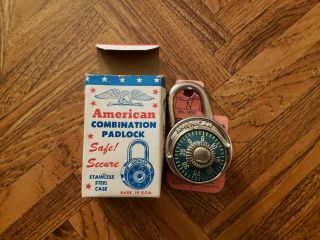 Vintage Nos Nib American 300 Combination Padlock Blue Dial With Combination