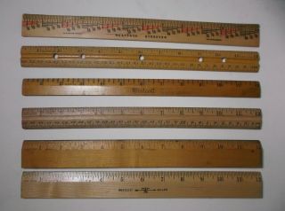 6 Vintage Westcott Wooden Wood Rulers 12 Inches Eyesaver,  Metal Edge