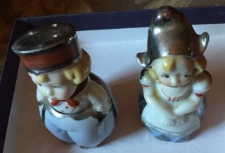 Vintage Goebel Silver Clad Porcelain Dutch Girl & Boy Salt And Pepper Shakers