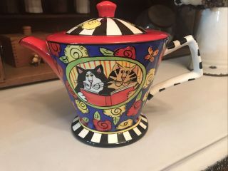 Catzilla Candace Reiter Cats Reading Roses Stripes Teapot