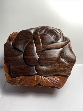 Rose Flower Hand Crafted Carved Wood Puzzle Jewelry / Trinket Box
