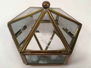 Vintage 6 Sided Brass & Glass Display Case Trinket Box Etched Flowers Mirrow