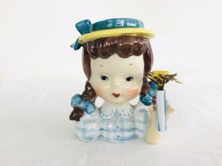 Vintage Napco Little Brunette Girl Teal Blue Pigtails Head Vase 5 " Planter